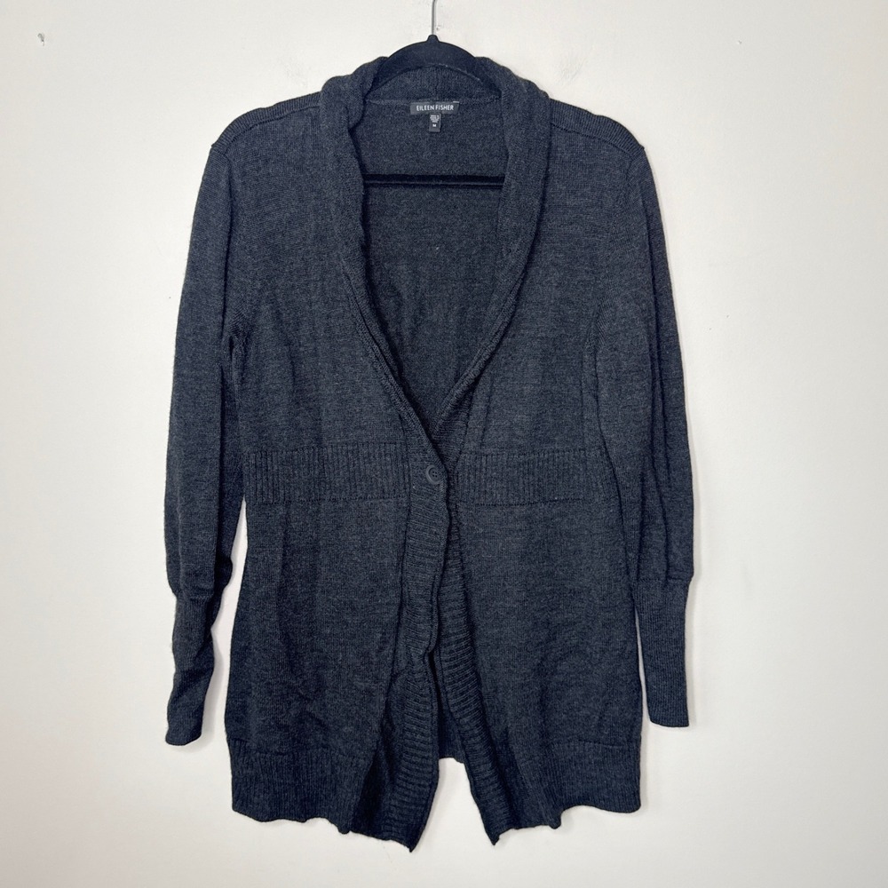 Eileen Fisher Gray Merino Wool Cardigan Sweater One Button Closure Medium